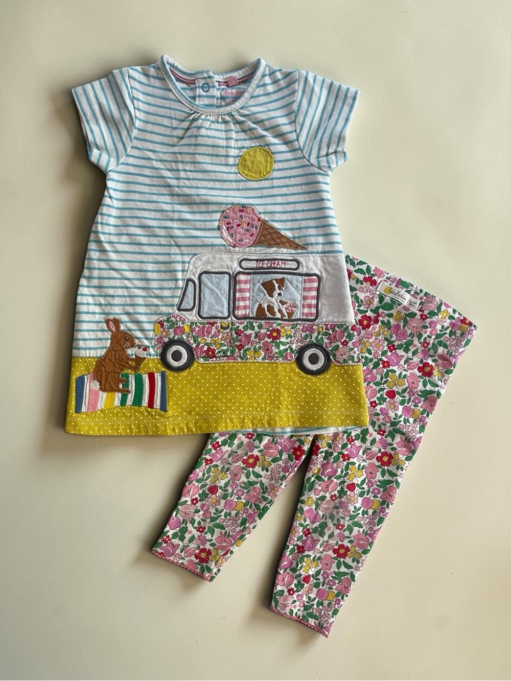 MINI BODEN VGUC HSA Beach Bunny Ice Cream Truck Appliqué Dress Leggings Set